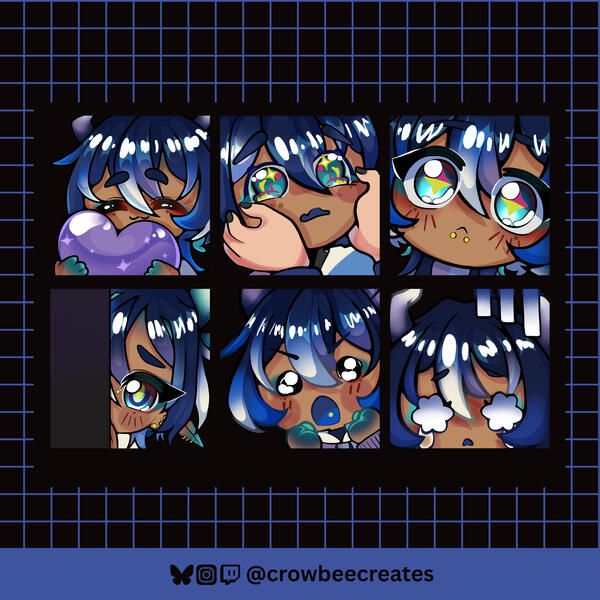 A set of emotes made for @crowbeecreates! This was created to be used on Twitch and Discord. A set of emotes made for @crowbeecreates! This was created to be used on Twitch and Discord.